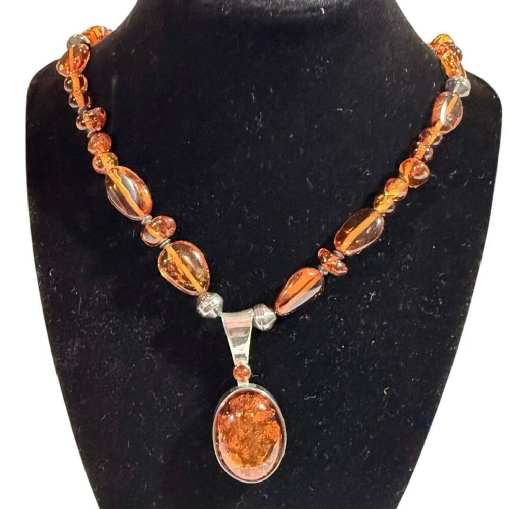 Vintage Graduated Amber Sterling Silver 925 Pendant Chunky Statement Necklace SM